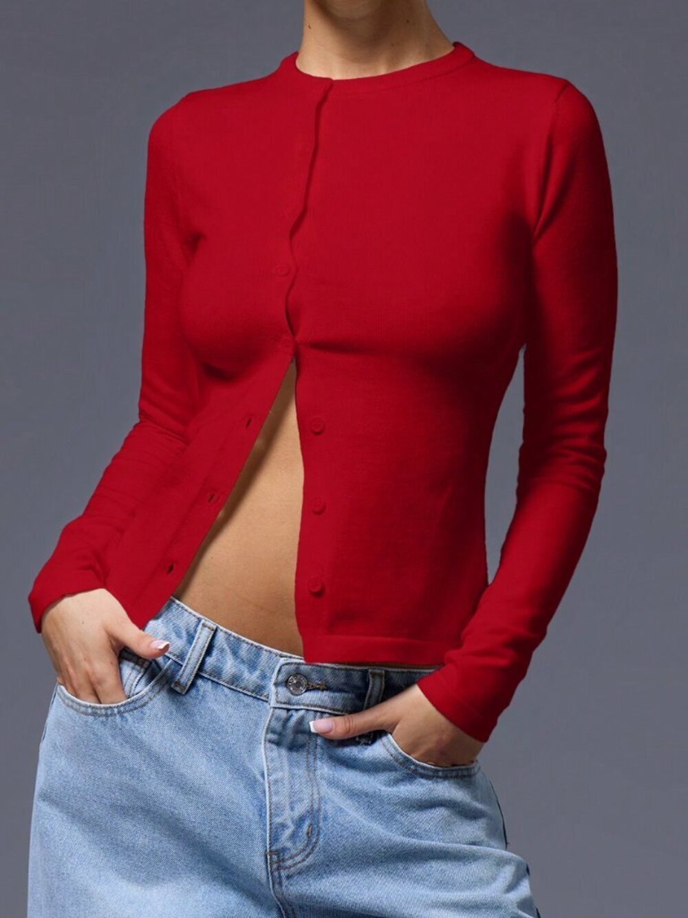 Red Casual Women's Button Down Long Sleeve Sweater